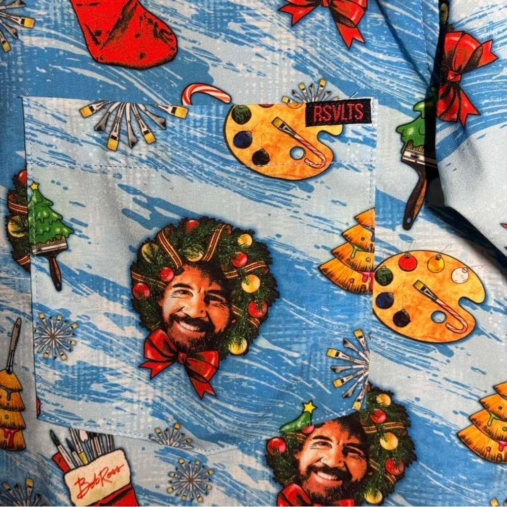 RSVLTS X Bob Ross Christmas Holiday Button Up Top Artsy Funky Men’s size Small - Picture 4 of 10